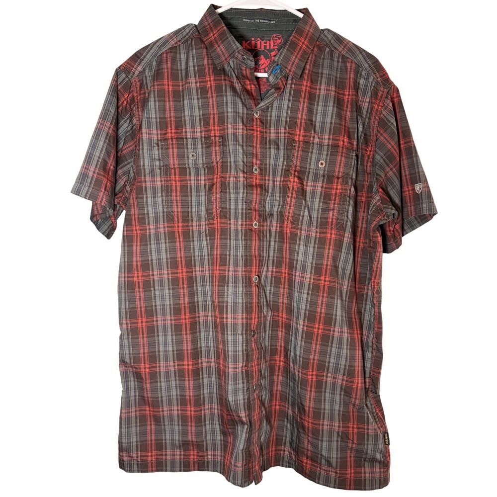 KUHL Mens Large Short Sleeve Plaid Fishing Shirt Red Grey Hiking Outdoor